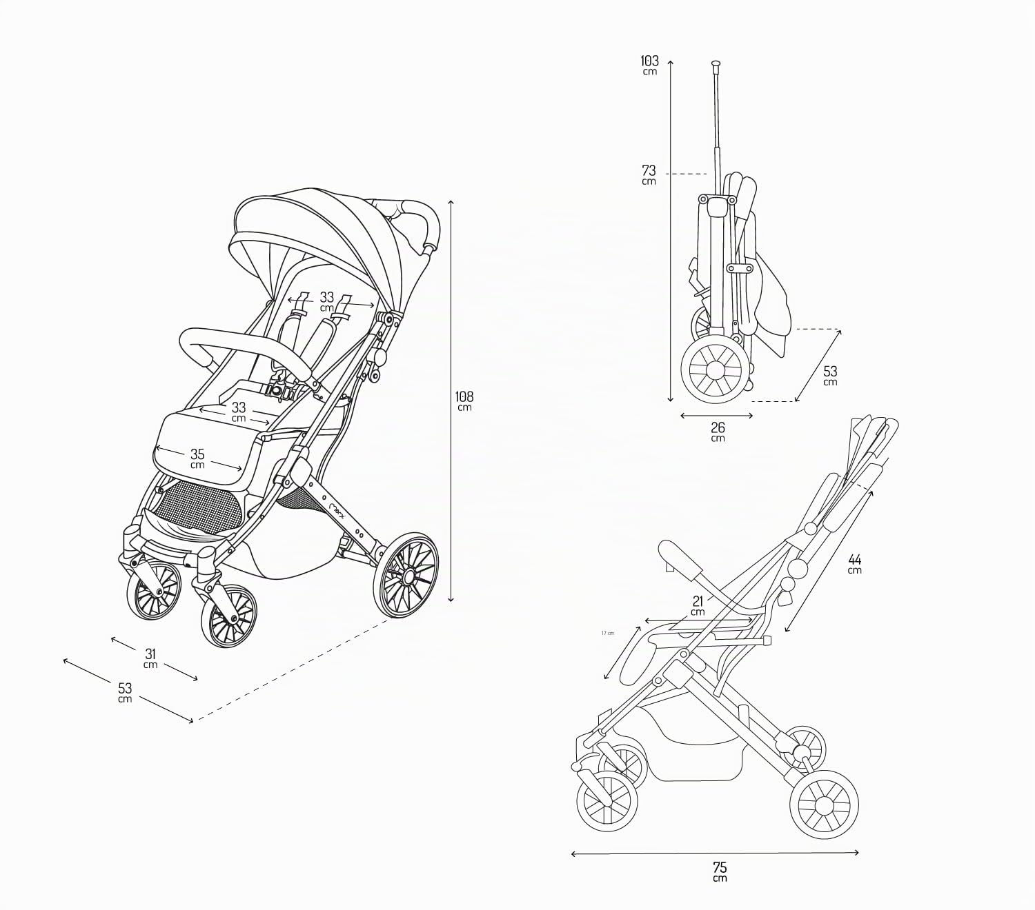 MoMi ESTELLE LIGHT PLUS Poussette à partir de 6 mois (jusqu'à 22 kg), poussette pliante avec harnais de sécurité 5 points, panier de courses avec fonction de dépliage, poignée télescopique de traction