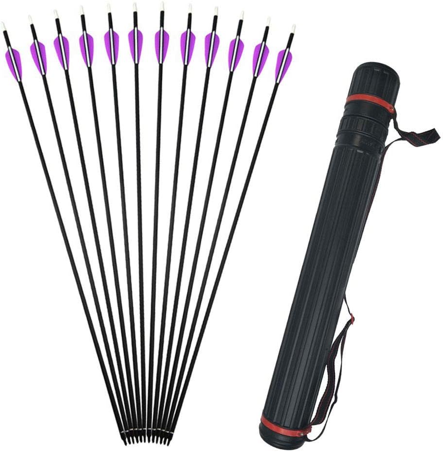 AMEYXGS Archery Carbon Arrow 30inch 12 Pack Arrows Spine 500 for Hunting arrowTarget Practice Arrows with 3inch Rubber Feather 100 Grain Arrowhead with Portable Retractable Quiver