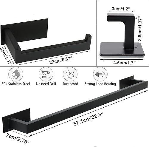 Miniatura 5 de Juego de 5 piezas de accesorios de baño autoadhesivos -SUS304 de acero inoxidable, toallero incluye toallero de 24 pulgadas, soporte para papel