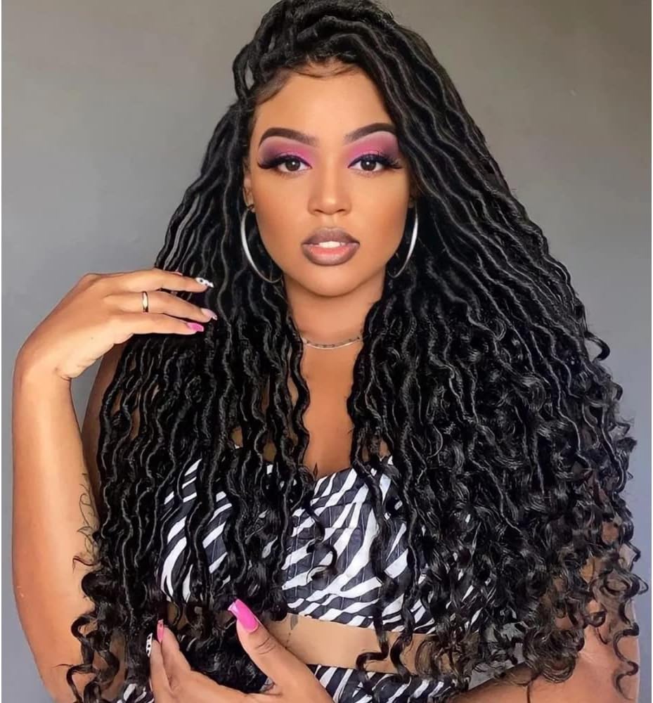 6Pcs/Lot Faux Locs Crochet Hair 20 Inch Wavy Faux Locs Crochet Hair with Curly Ends Goddess Locs Crochet Twist Braiding Hair Pre-Looped Soft Synthetic River Locs Braiding Hair Extension