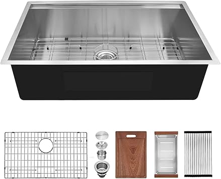 30 inch Undermount Workstation Sink, Stainless Steel Undermount Kitchen Sink 18 Gauge, Handmade Modern Single Bowl Kitchen Sink with Integrated Ledge and Accessories Pack of 5