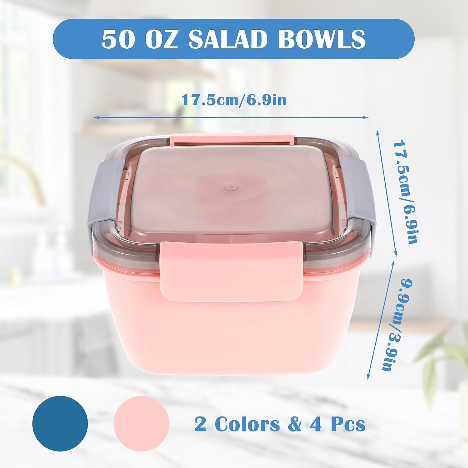 Lemecima Salad Lunch Container To Go, 4 Packs 50-oz Bowls With 3 Compartments, Dressings Container for Toppings, Snacks, Men, Women (Pink+Blue)