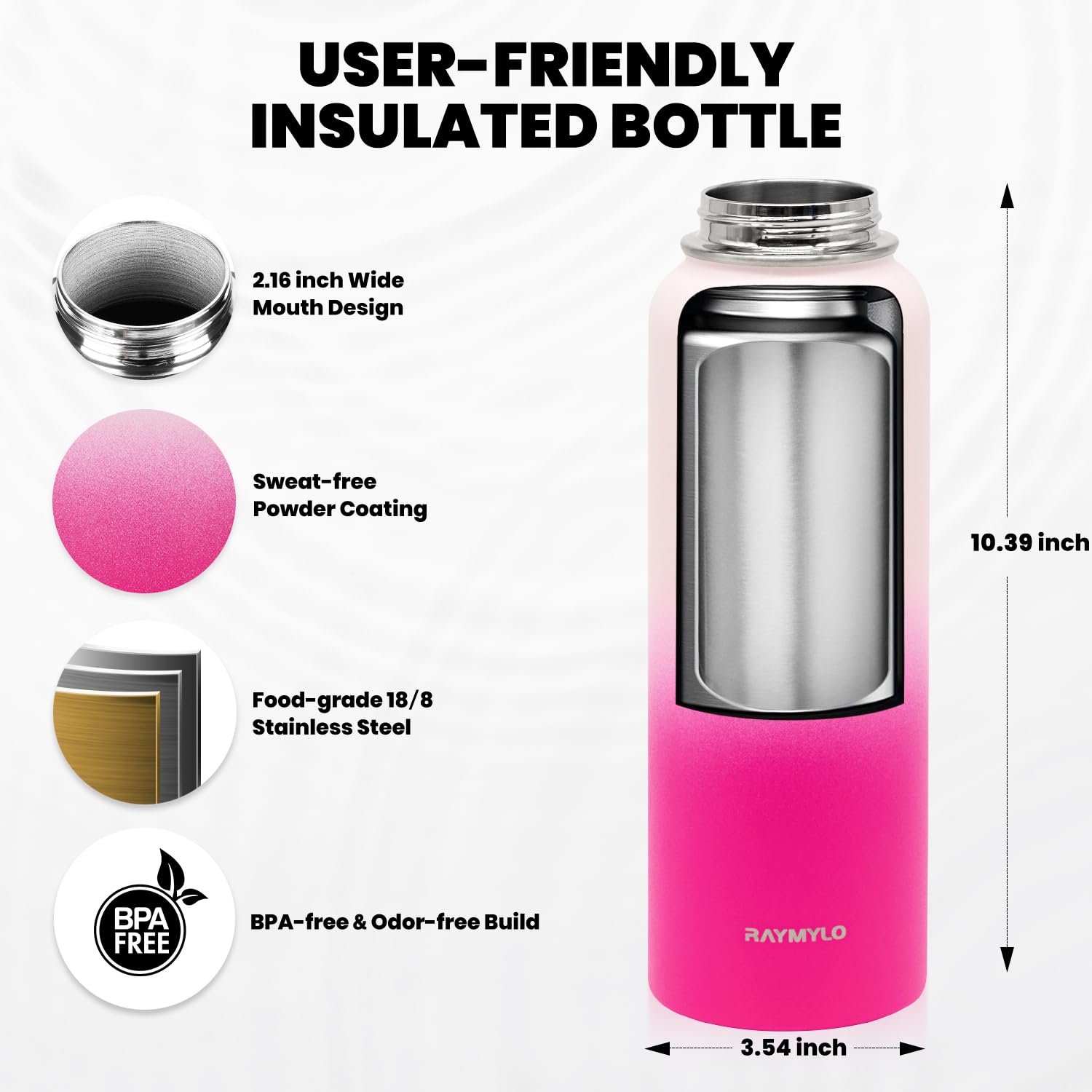 RAYMYLO Insulated Stainless Steel Water Bottle with Straw & Spout Lids - Image 5