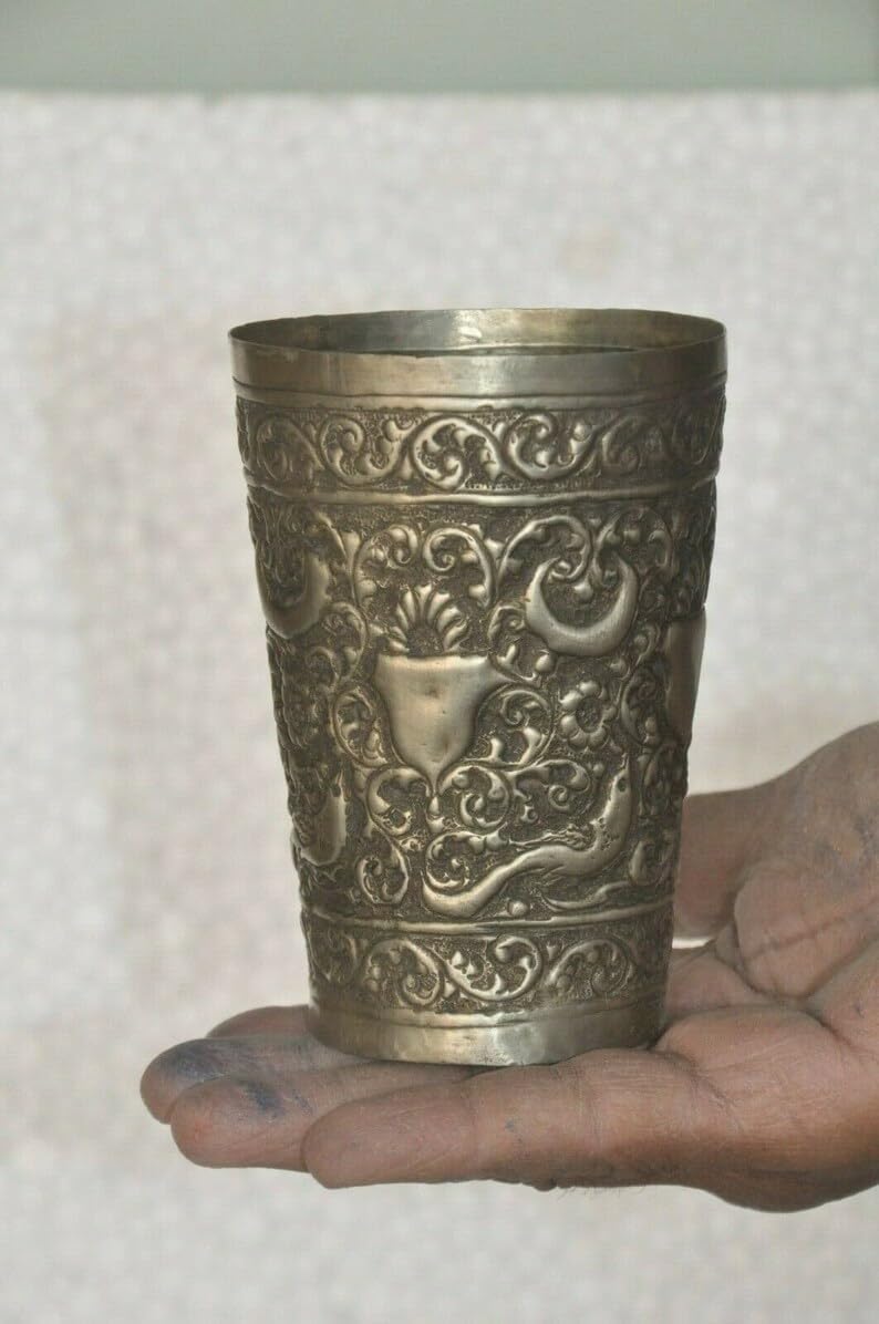 Aashita Creations Vintage 2 Piece Old Brass Nickle Plated Floral Inlay Embossed Lassi/Milk Glass/Glass, water glasses, antique drinking glass set of 2