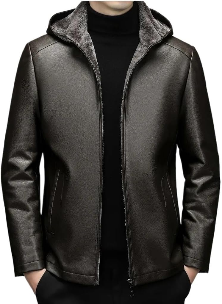 Men's Vintage Leather Jacket Autumn Winter Hooded Warm Leather Coat Zip-Up Bomber Jackets