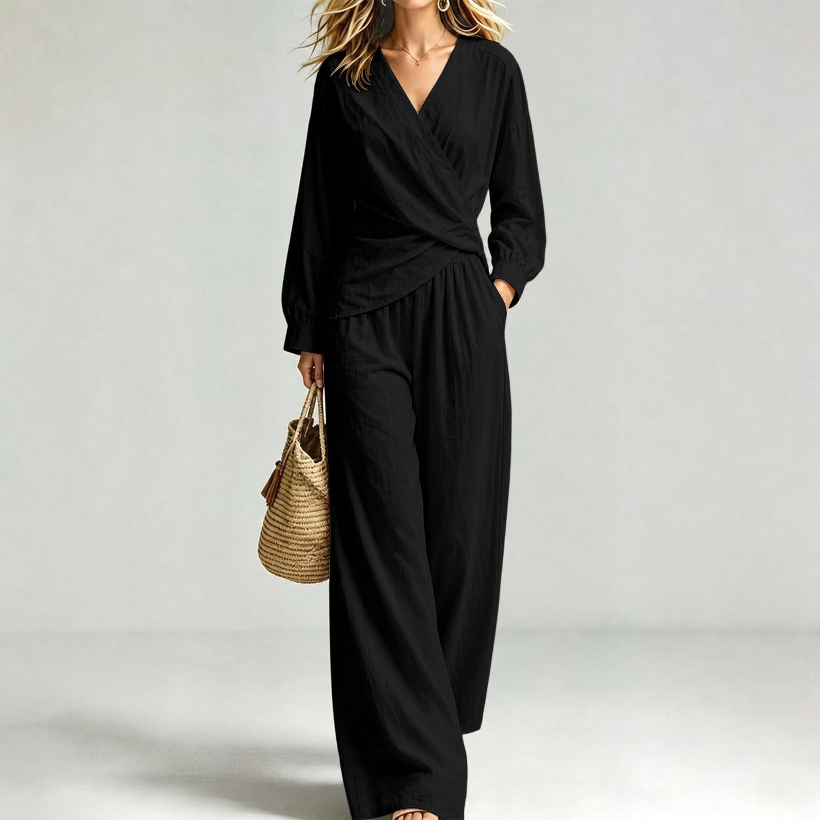 Set da 2 pezzi da donna Co Ord, casual, con scollo a V, a maniche lunghe, pantaloni a gamba larga, traspiranti, comodi, da viaggio, spiaggia, vacanze, tempo libero