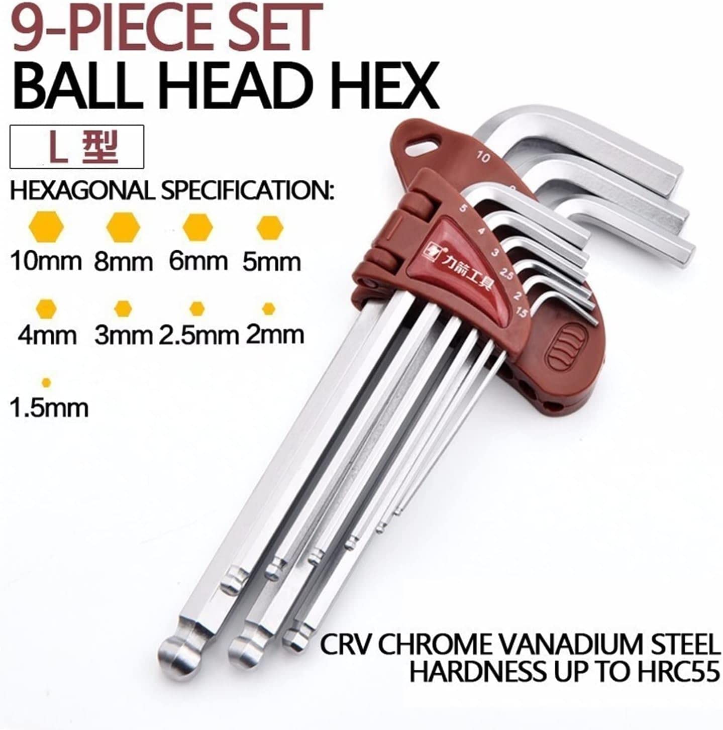 Llave hexagonal, juego de llaves hexagonales, llave hexagonal, llave hexagonal, 9 piezas de 1,5 mm a 10 mm, juego de herramientas de llave Allen hexagonal, juego de llaves de extremo de bola de cromo