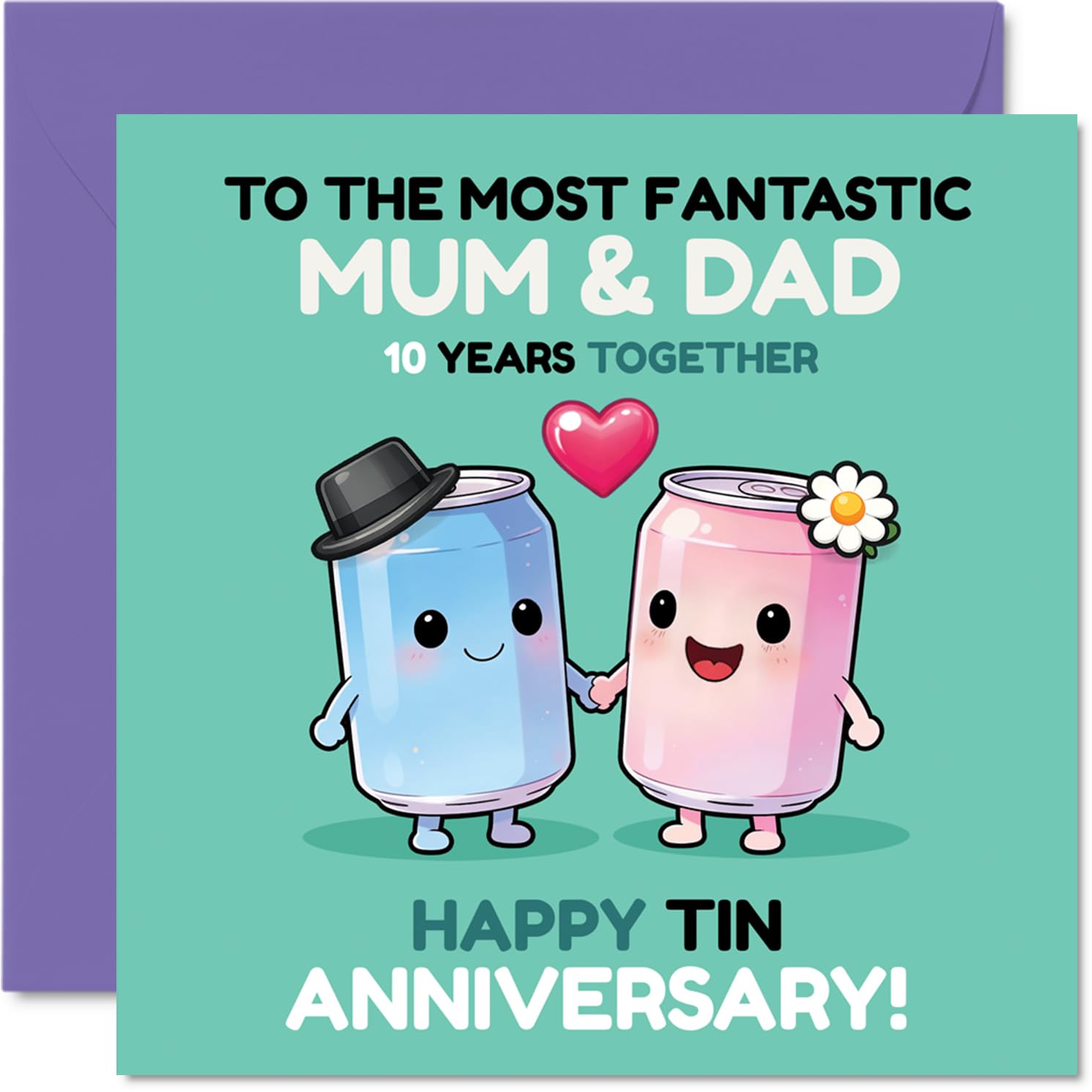 Playful 10th Anniversary Card for Mum & Dad - Tin-tastic Milestone Vibes - Cartoon Cans Holding Hands Celebrate 10 Years - 145mm Square, Envelope Included