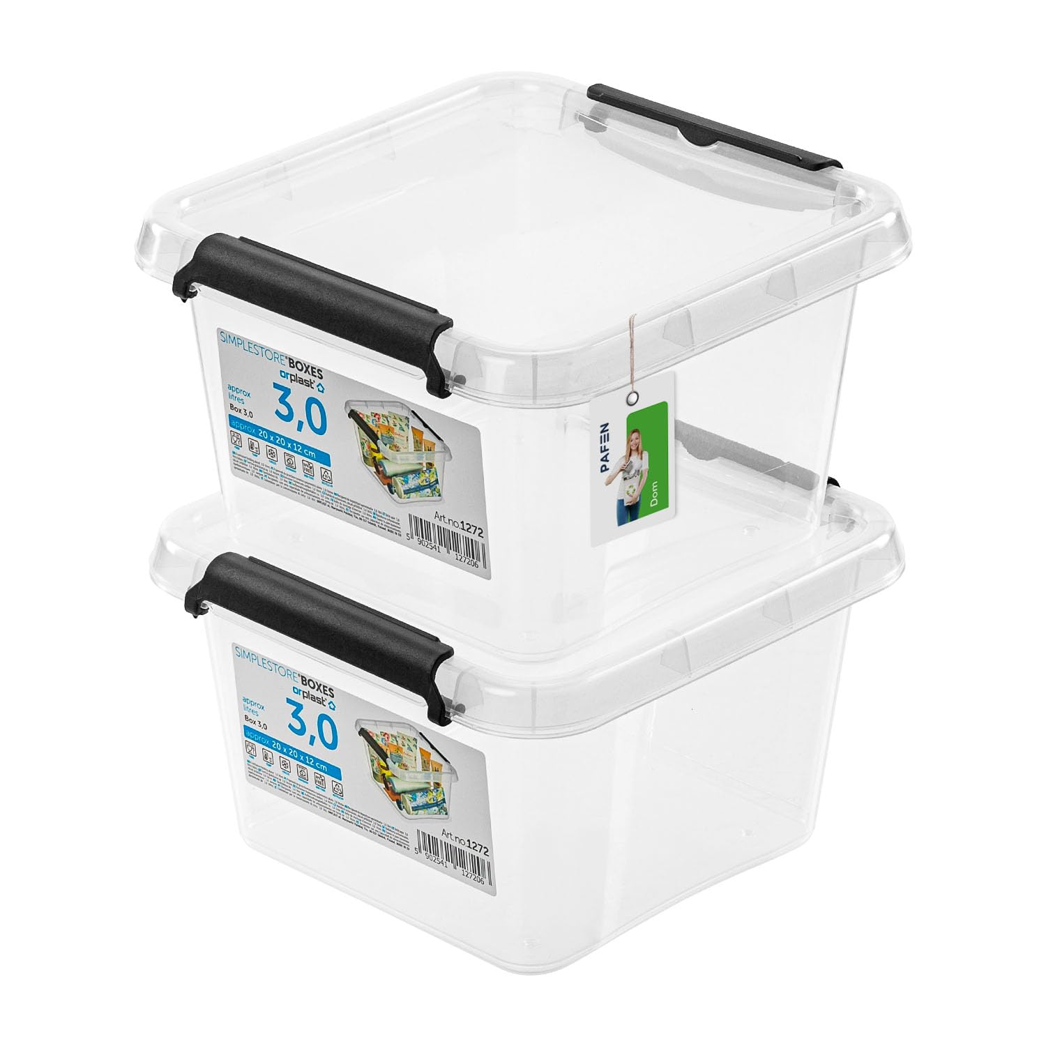 PAFEN 2x caja de almacenaje con tapa, 3l - 20x20x12cm - SET contenedores de almacenaje cajas transparentes cajas apilables de almacenaje con clips de cierre contenedores de plástico
