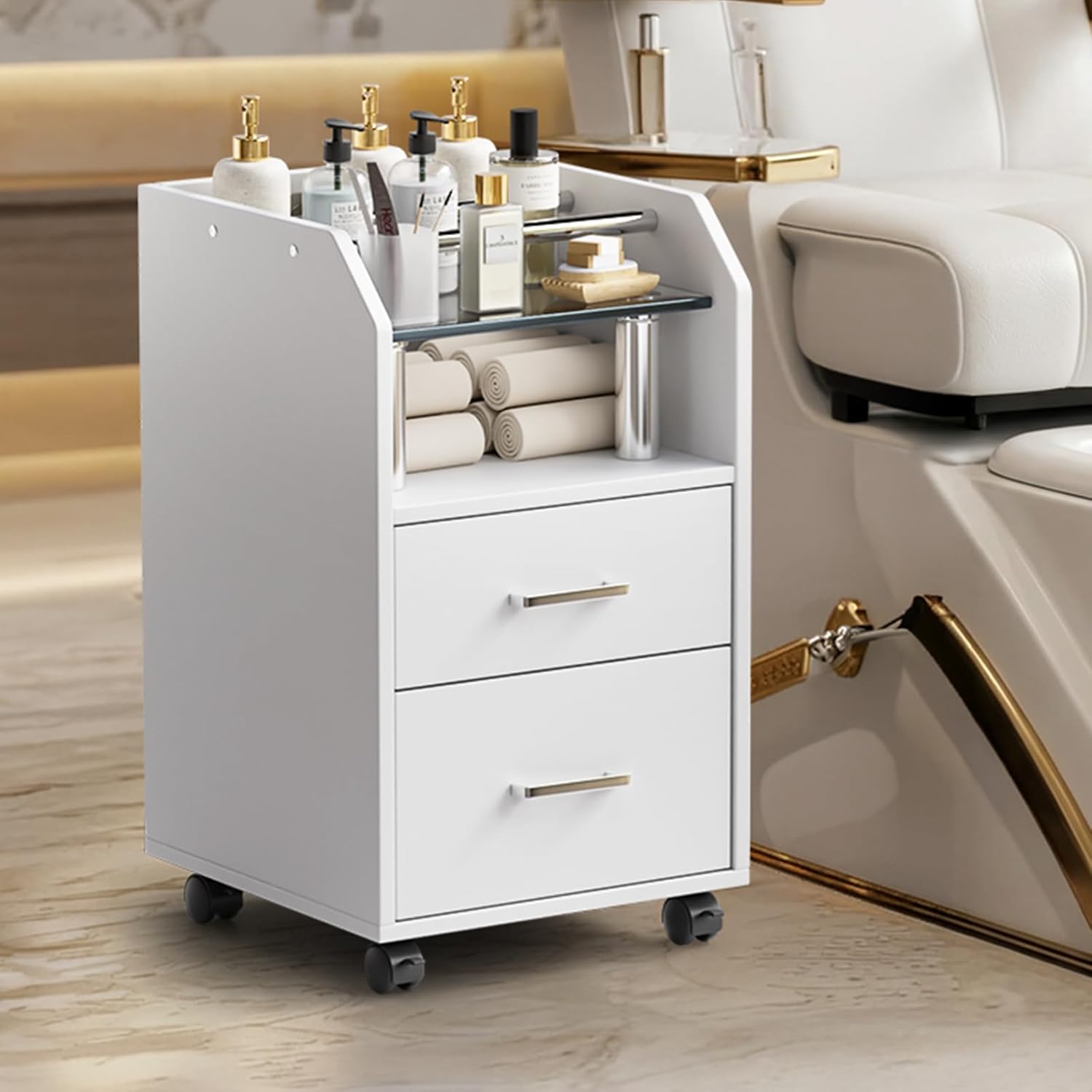 OmySalon Pedicure Cart, Foot Bath Trolley with Storage Drawer & Bottle Racks, Portable Salon Station for Esthetician Manicure & Foot Massage, Beauty Spa Supplies with Locking Wheels, White