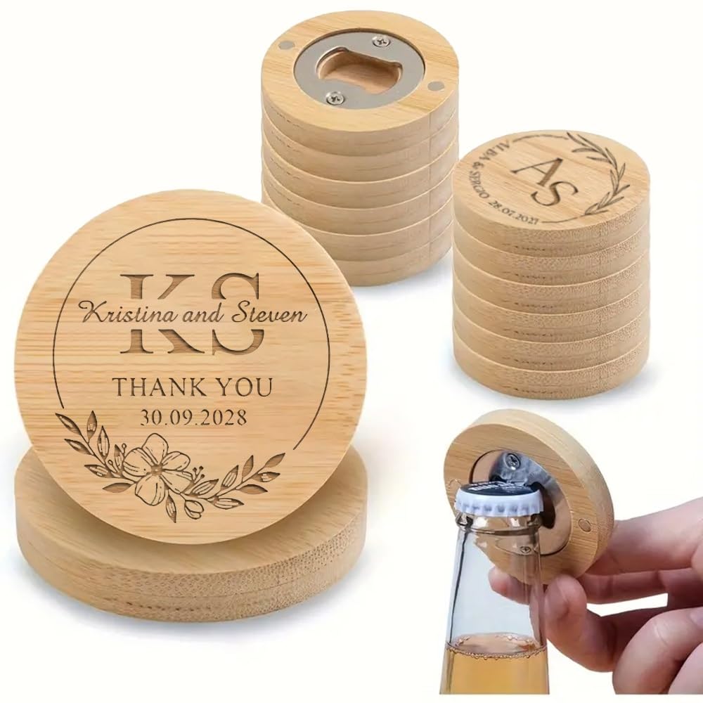 Abridor De Botellas De Cerveza Magnético Redondo Personalizado, Abridor/posavasos De Madera 2 En 1 Personalizado Con Nombre Y Fecha Grabados, Regalo Para Invitados A Bodas, Bares Y Fiestas(50pcs)