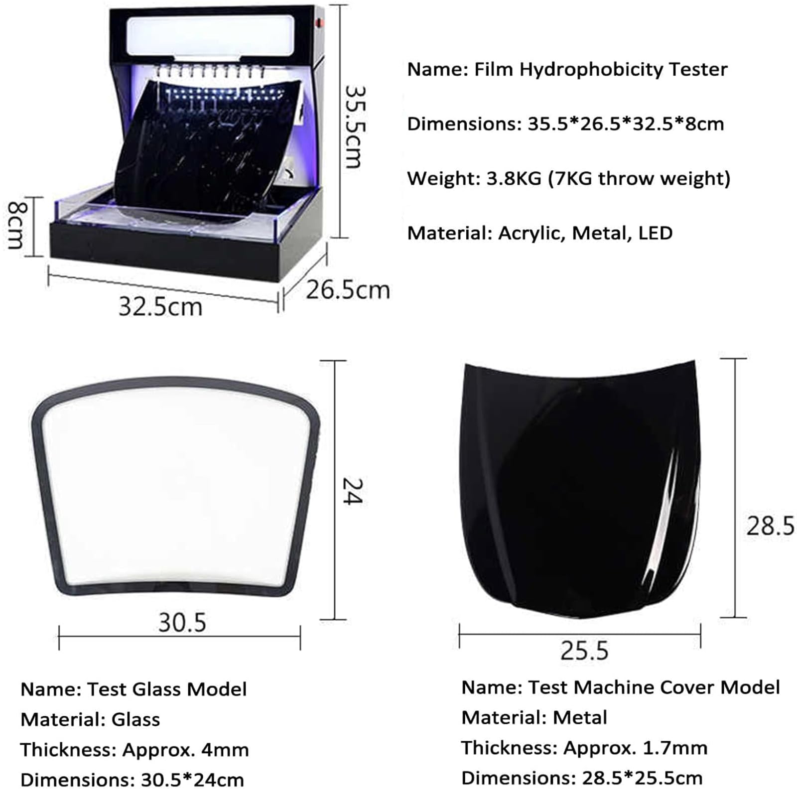 Máquina De Prueba Hidrofóbica, Kit Demo De Película Protectora De Pintura Para Coche Con Capó Ajustable, Visualización De Repelencia Al Agua Con LED Y Salida De Acero Inoxidable blue Test-Metal