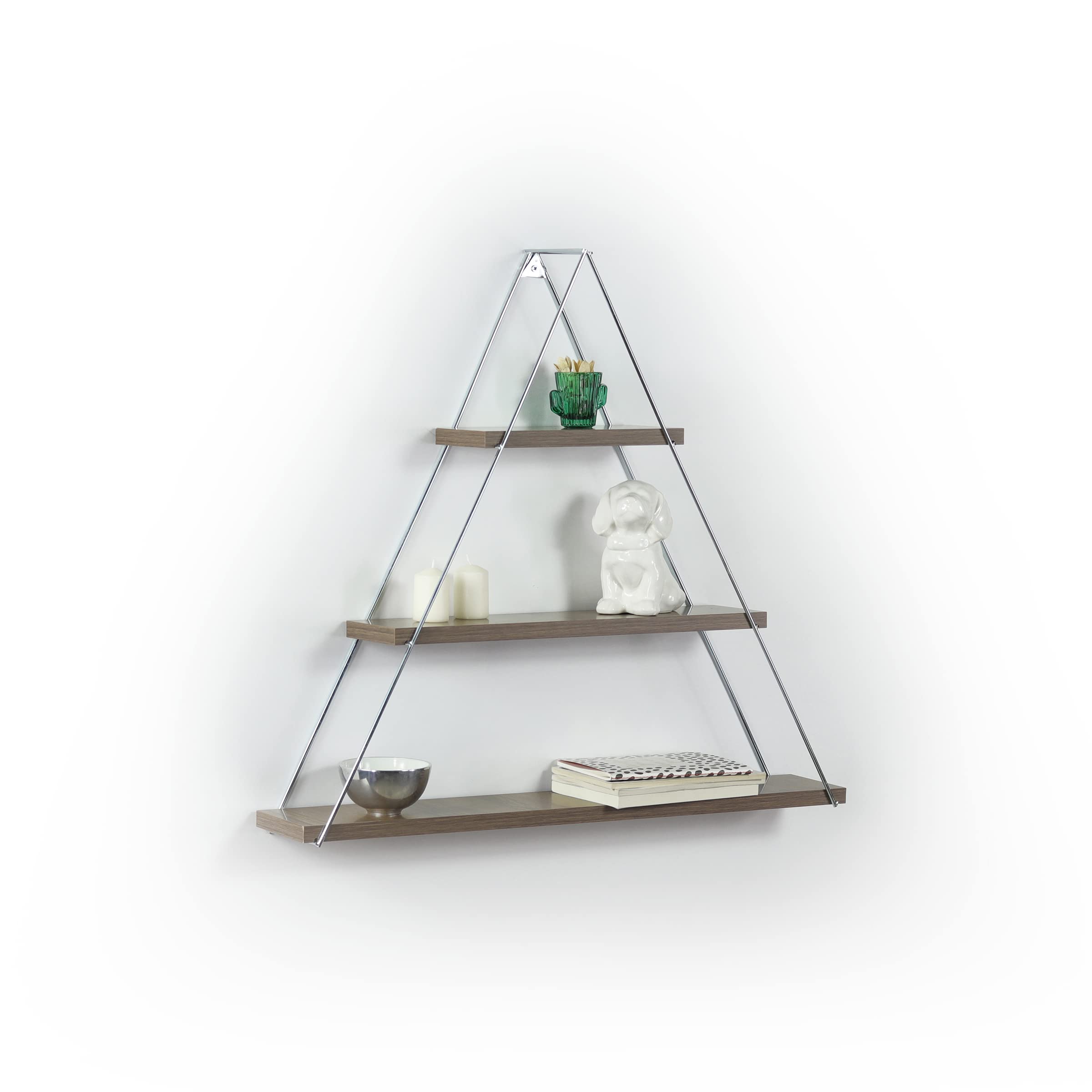 DiMorture Triangle Floating Wall Mounted,3-Tier Display Shelves with Metal Frame,Wall Shelves for Living Room, Bedroom,Bathroom,Office,Walnut/Silver