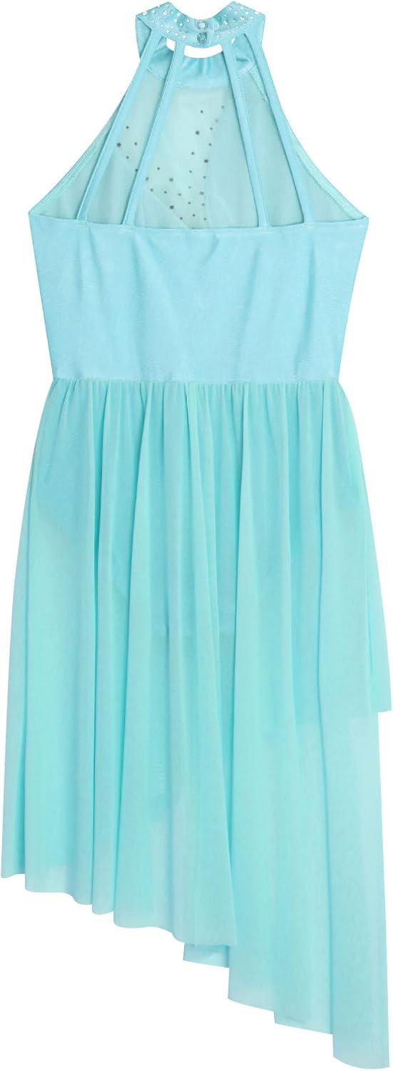 Kids Girls Latin Ballet Lyrical Dance Dress Round Neck Sleeveless Rhinestone Halter Gown Outerwear Dancewear