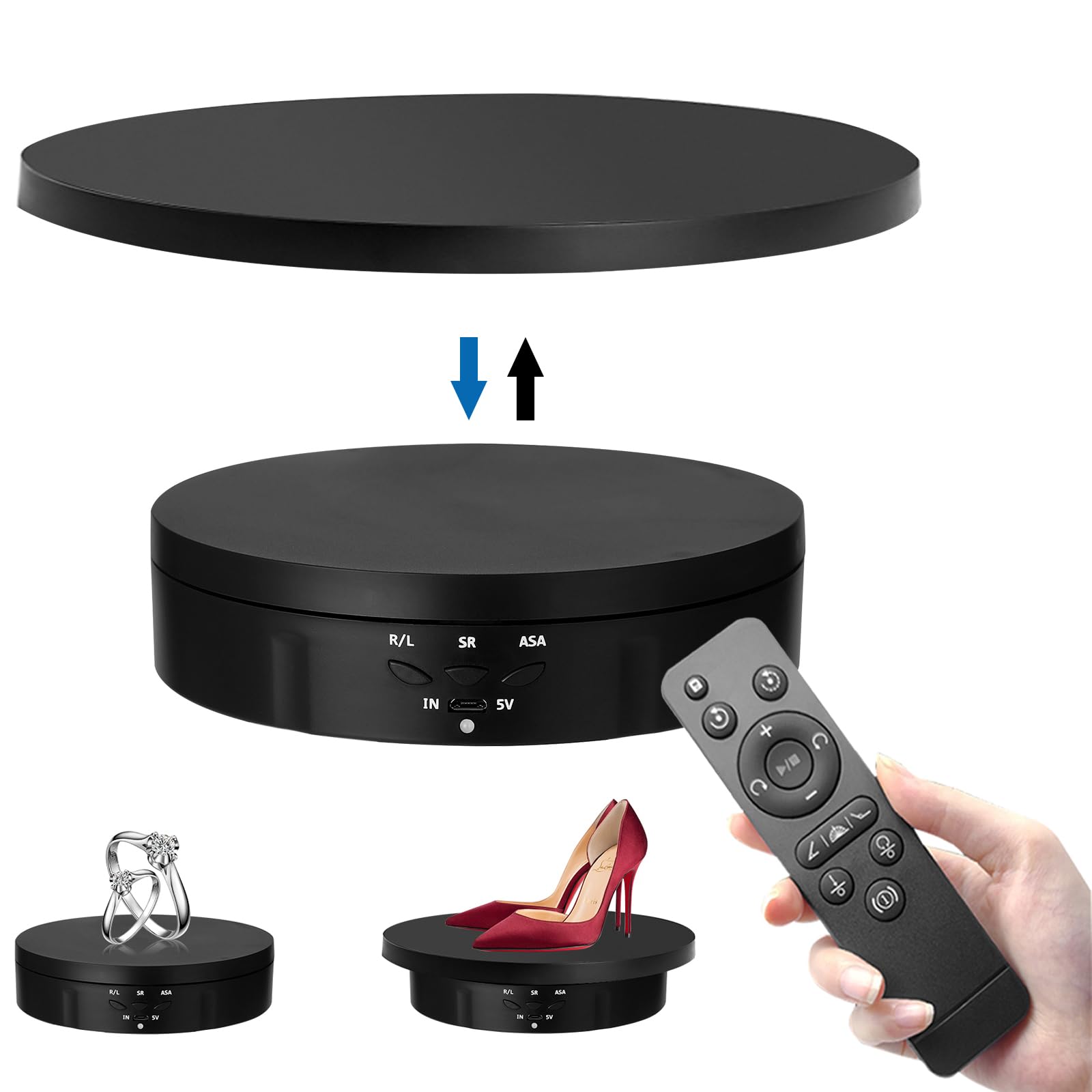 Tokenhigh Motorized Rotating Display Stand, 2 In 1 Electric Rotating Turntable, 360 Degree Rotating Platform, 10KG Load Rotating Display Table for Jewelry, Watch, Digital Product Exhibitions(BLACK)