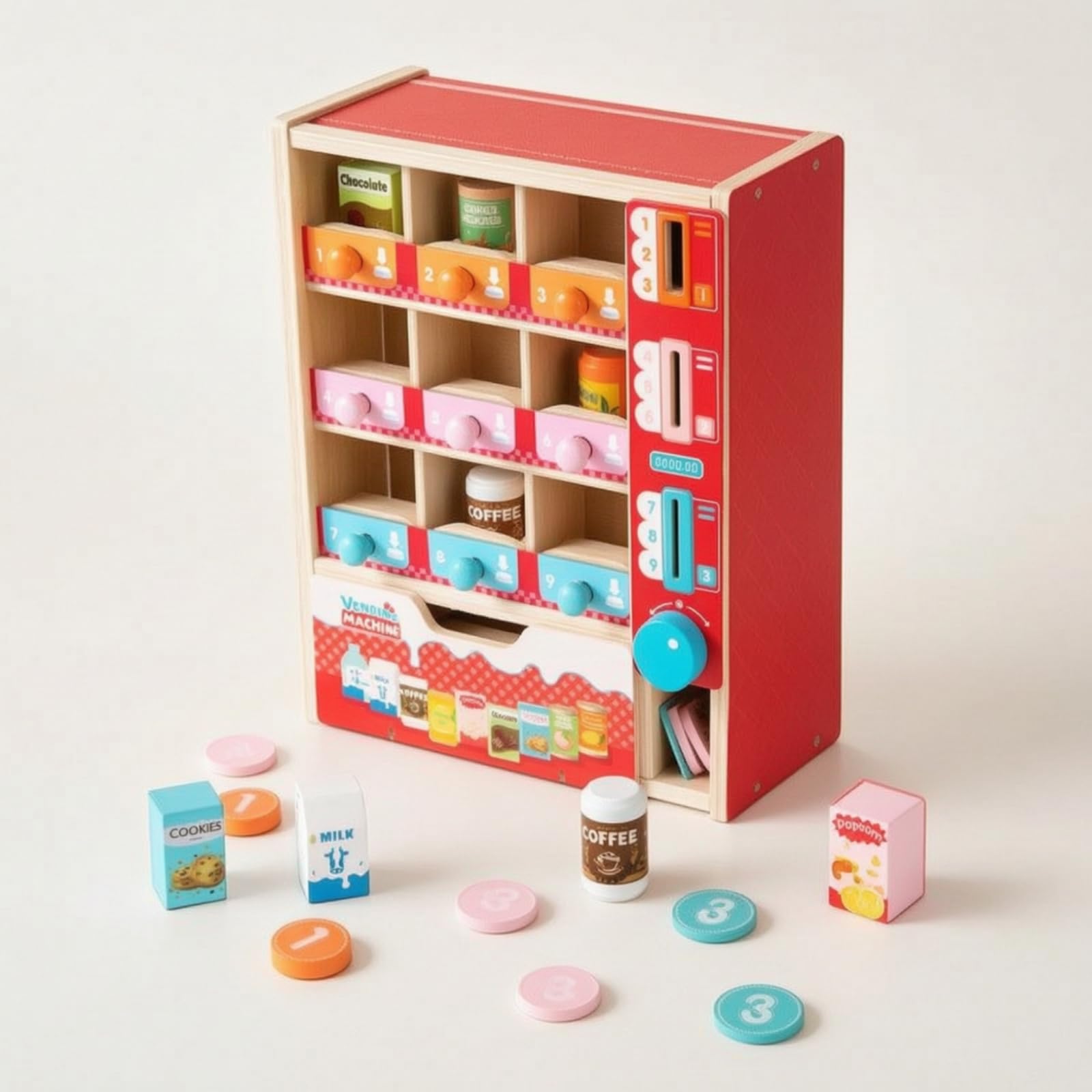 Kinder Verkaufsautomat Holz Spielautomat Snackspender Spielzeugautomat Inklusive Spielmarken Behälter Flasche Becher Schublade für Frontfächer für Rollenspiele Lernspiele Kinderzimmer