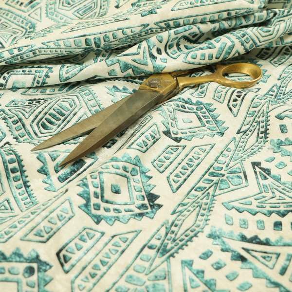 Redbrick Mill Fabrics Flame Retardant Teal Blue Tribal Aztec Pattern Shiny Velvet Curtain Upholstery Furnishing Fabric (1 Metre) โ image 1