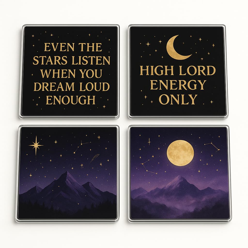 The Plum Penguin Starborn Nights Acrylic Coaster Gift Set Of 4 With Celestial Whispers Design - Mystical Book Lover Decor For Romantic Reading Nooks