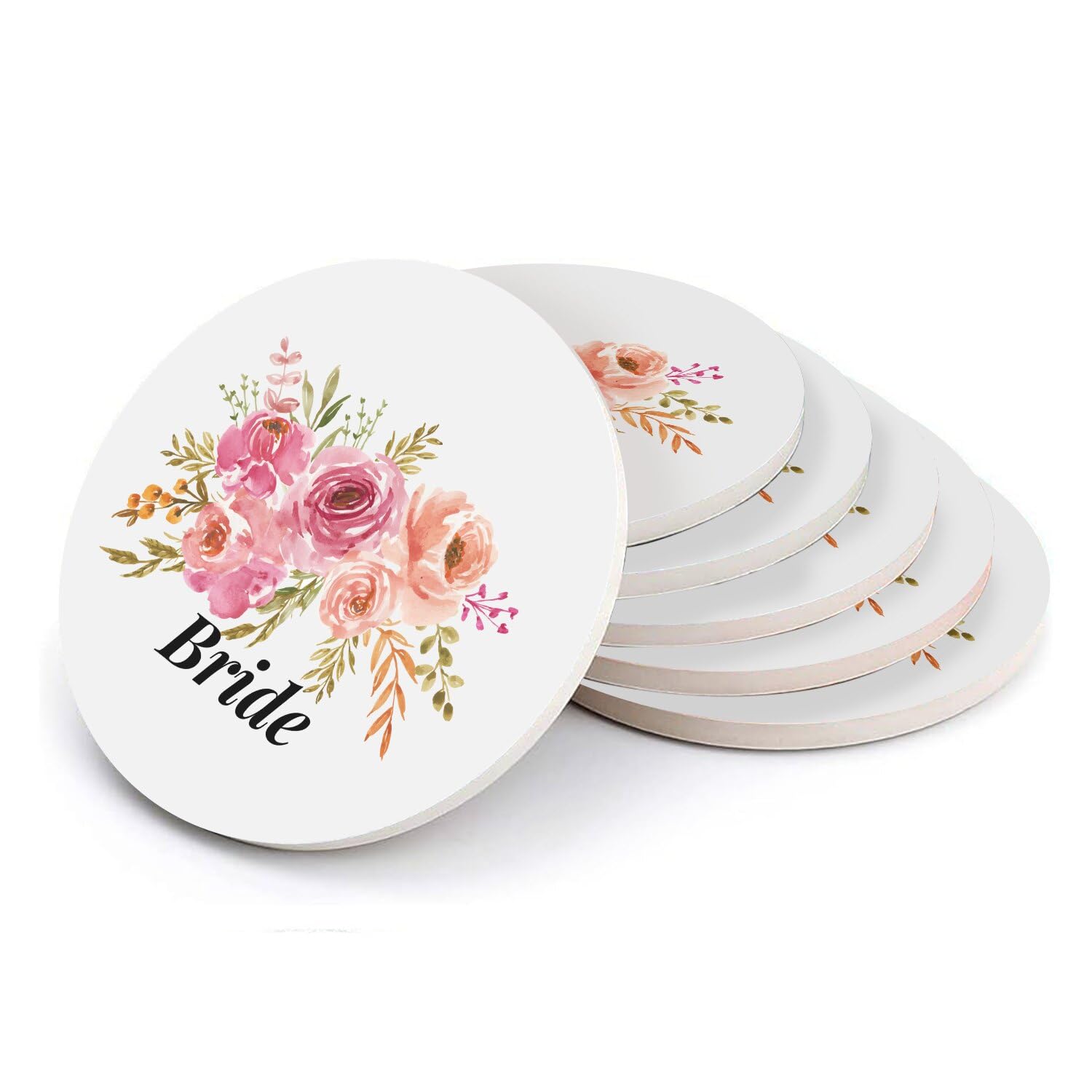 Sous-verre ronds en céramique aquarelle bouquet mariée lot de 6 pièces