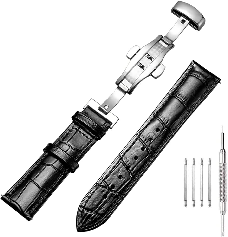 Genuine Calfskin Leather Watch Band,Alligator Grain Deployment Butterfly Buckle Replacement Strap for Men Women 18mm 20mm 22mm 24mm