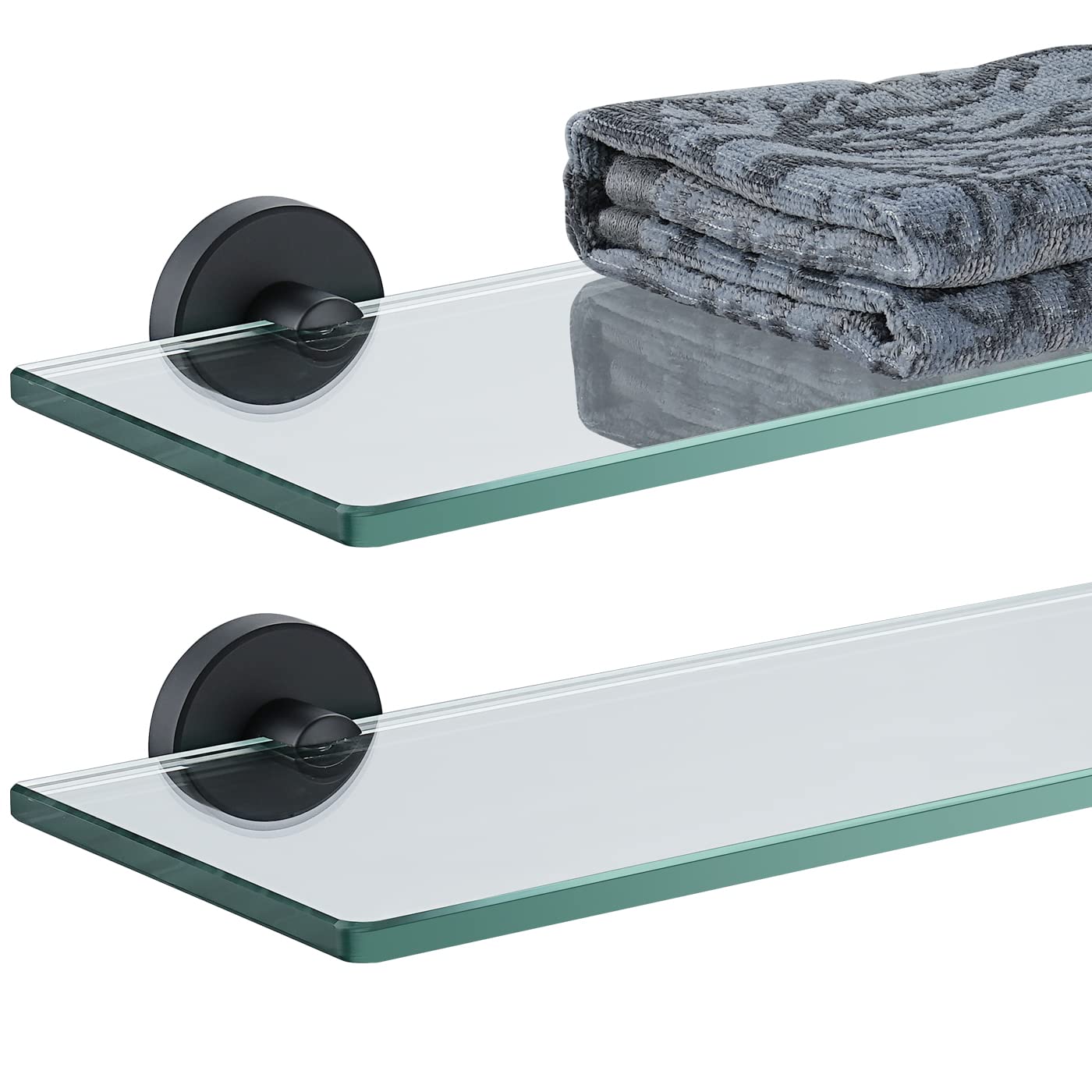 JQK Bathroom Glass Shelving, Tempered Glass Shower Storage 20 by 5 inches, 304 Stainless Steel Matte Black Wall Mount, 2 Pack, TGS101L20-PB-P2