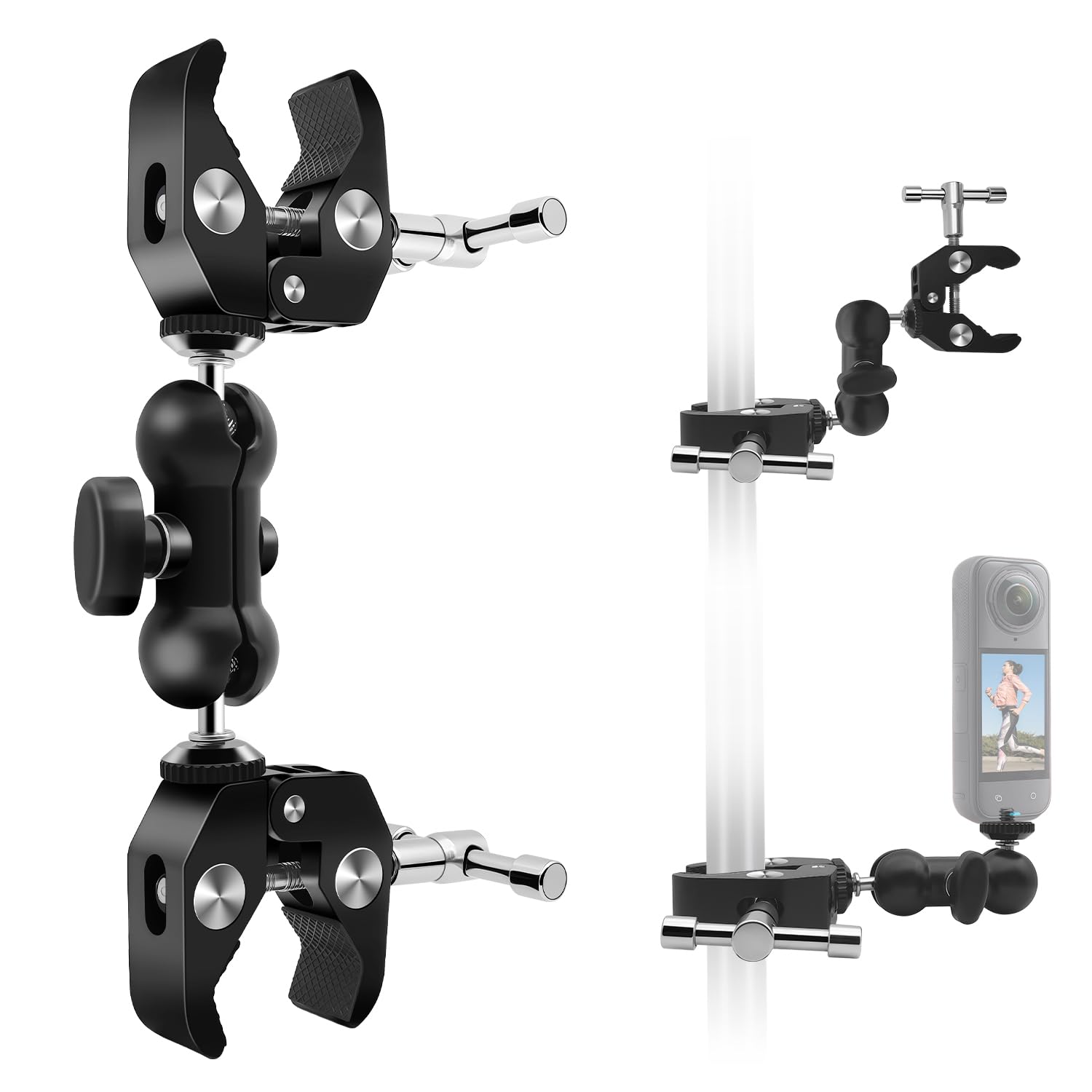 Double Super Pince avec Bras Magique ,1/4” pour Caméra, Support Lumière, Réflecteur, Support Parapluie, Convient aux Poteaux 0.47”-2.17”, Moto, Bureau, Trépied, Studio(Max Load 6.61LB)