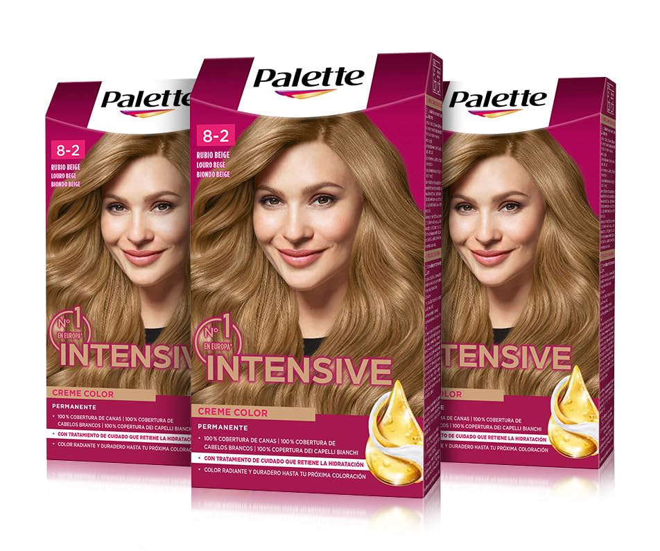 Palette Intensive Creme Color 8-2 Blonde Beige, Permanent Hair Color with Macadamia Oil and Almonds, Covers 100% Gray and Roots, for Radiant Color, Pack 3