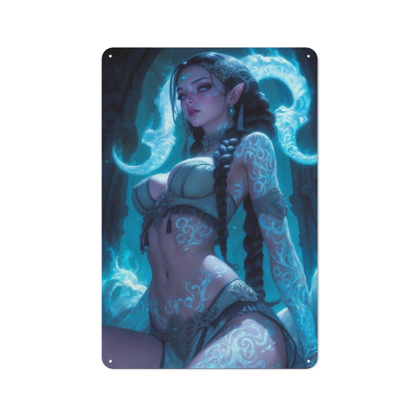 Retro Metal Plaque 30x20cm Featuring Celestial Tattooed Sorceress, Bistro Wall Plaque for Bakery, Diner, Cafe Or Family Room