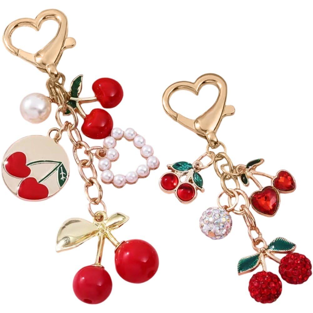 Sslvya 2 Pcs Rhinestone Cherry Keychain Purse Charm Sparkling Fruit Cherry Bag Charms Keychain Pendant Handbag Car Key Accessories