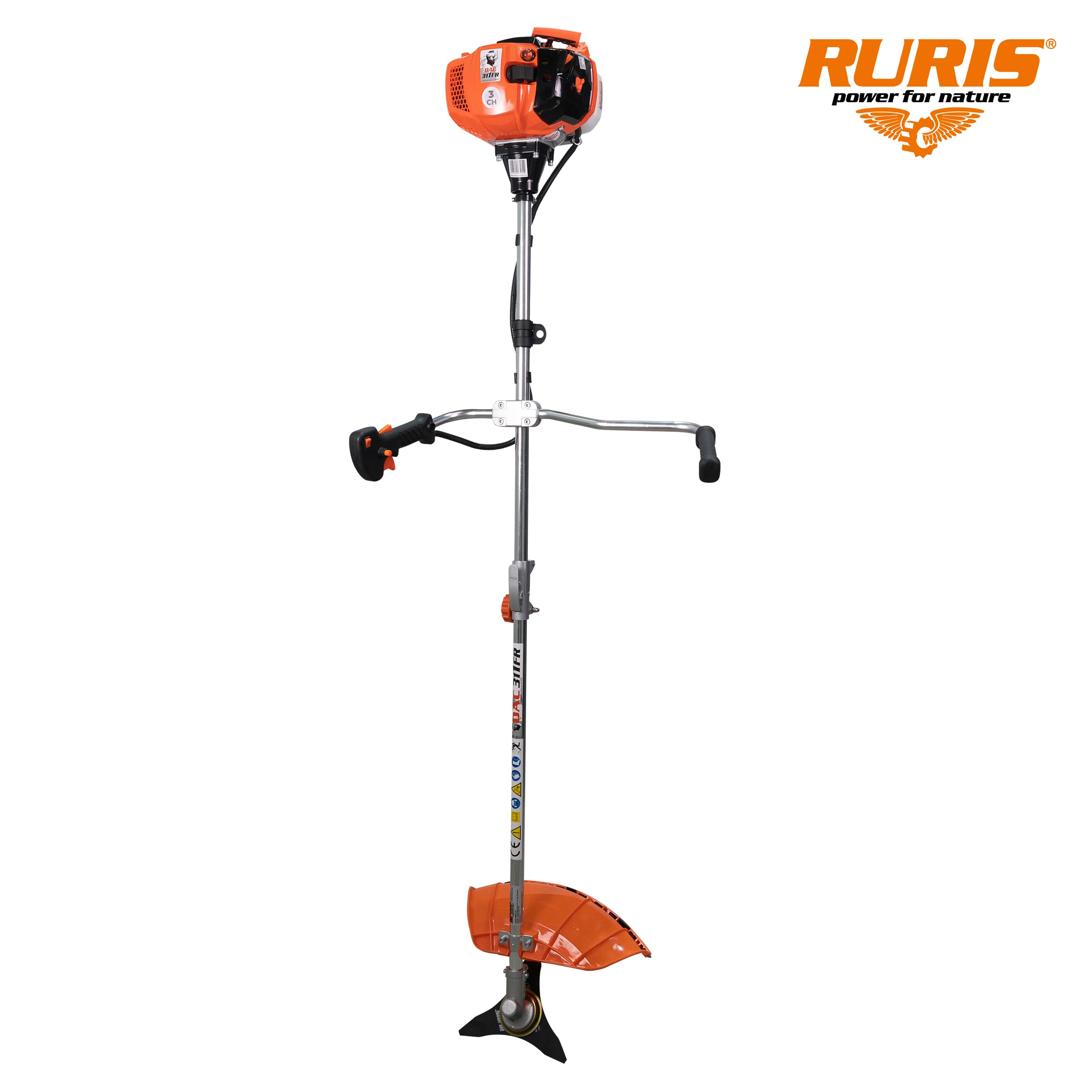 RURIS Power for Nature Débroussailleuse Thermique DAC 311fr 52cc, 3CV, 250mm - pour Jardin, Élagage, Faucheuse, Coupe Bordure, Inclus Lame, Harnais, Fil de Coupe, Orange