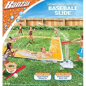 BANZAI Home Run Splash Baseball Slide, Length: 14 ft, Width: 14 ft, Inflatable Outdoor Backyard Water Slide Splash Toy, Baseball Bat & Ball Included