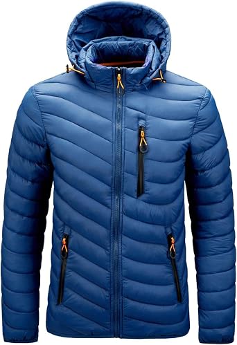 Mens Winter Coat Lightweight Hooded Quilted Puffer Jacket Thick Full Zip Up Padded Packable Down Jacket Outerwear