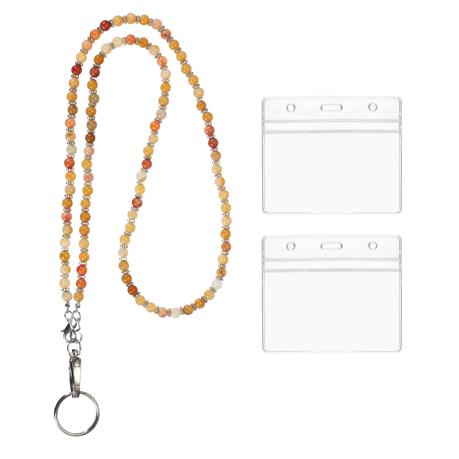 PATIKIL Beaded Lanyards for ID Badges, Cute Gemstone Beaded Keychain Necklace Lanyard with 2 Horizontal Badge Holders for Women Teacher Gift Keys Chain Cards, Gold