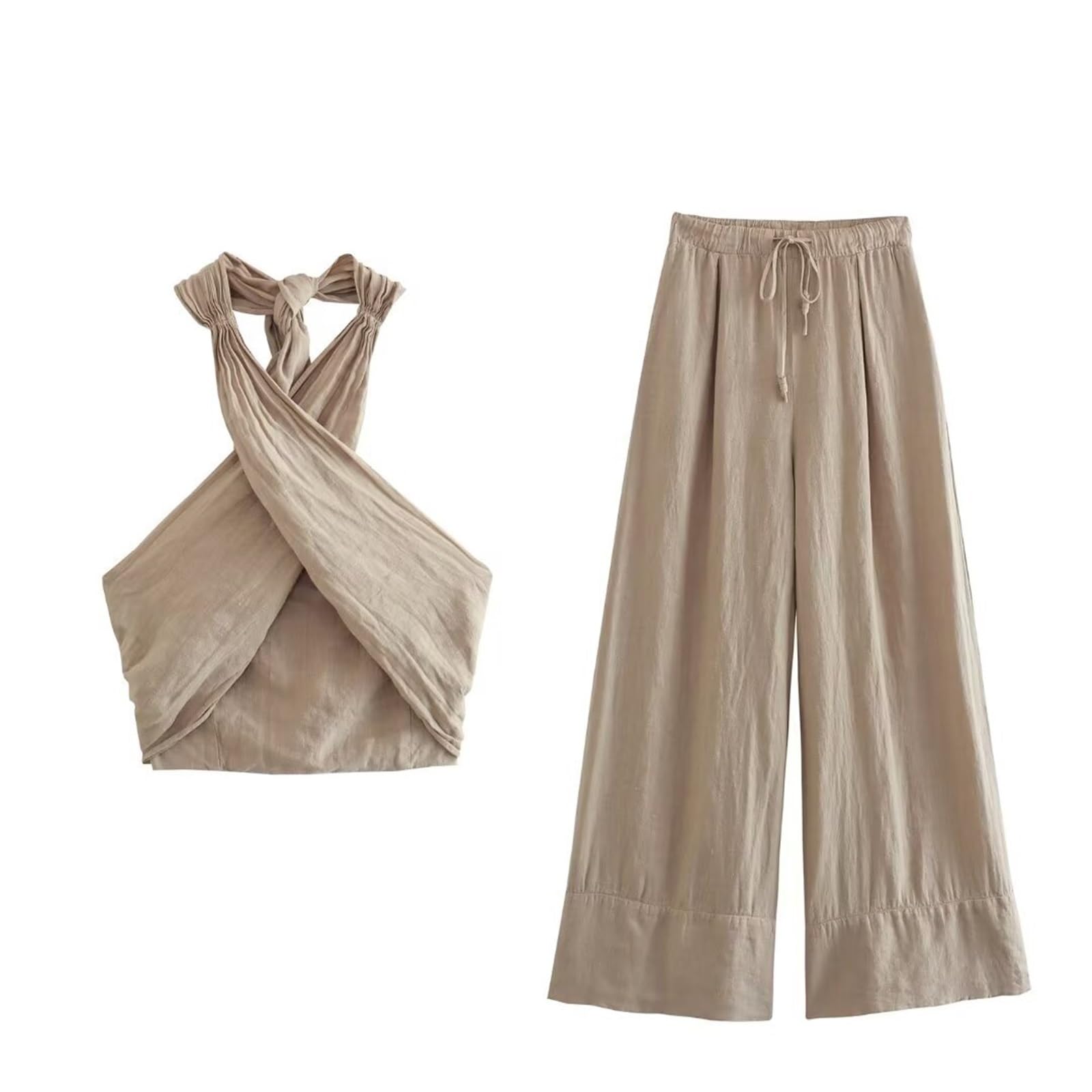 Top con Espalda Cruzada Conjunto de Camisola Cruzada Informal Sexy for Mujer, Conjunto pantalón Playa for Vacaciones Primavera y Verano, Top con Cuello Halter(Khaki Set,M)