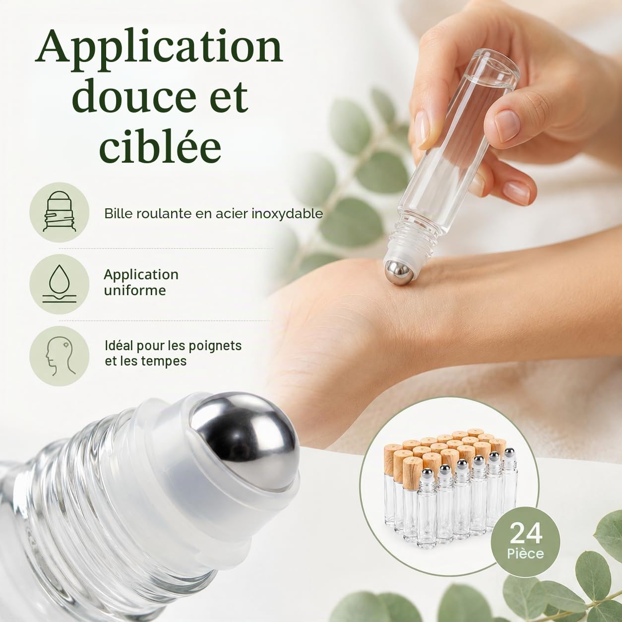 CYEER 24 Flacons Roll On Vide 10ml, Bouteilles en Verre Transparent avec Billes en Acier Inox et Bouchons Aspect Bois, Kit DIY pour Huiles Essentielles, Parfum, Aromathérapie et Voyage