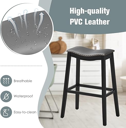 Miniatura 5 de GOFLAME Juego de 2 taburetes de silla de montar de 29 pulgadas de altura de mostrador con asiento acolchado, borde de cabeza de clavo, marco de