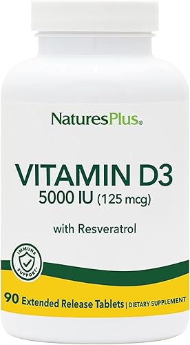 Natures Plus Vitamina D3, liberación prolongada  90 tabletas veganas  5000 UI + 25 mg de trans-resveratrol  Salud del corazón y los huesos, apoyo al