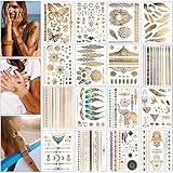 LUZOON Festival Tattoos Gold Tattoo 16 Blätter 140+ Tattoos Festival Gadget Tattoos Golden Metallic Flash Tattoos Wasserdichte Temporäre für fasching und Party Accessoire(Stil ②)
