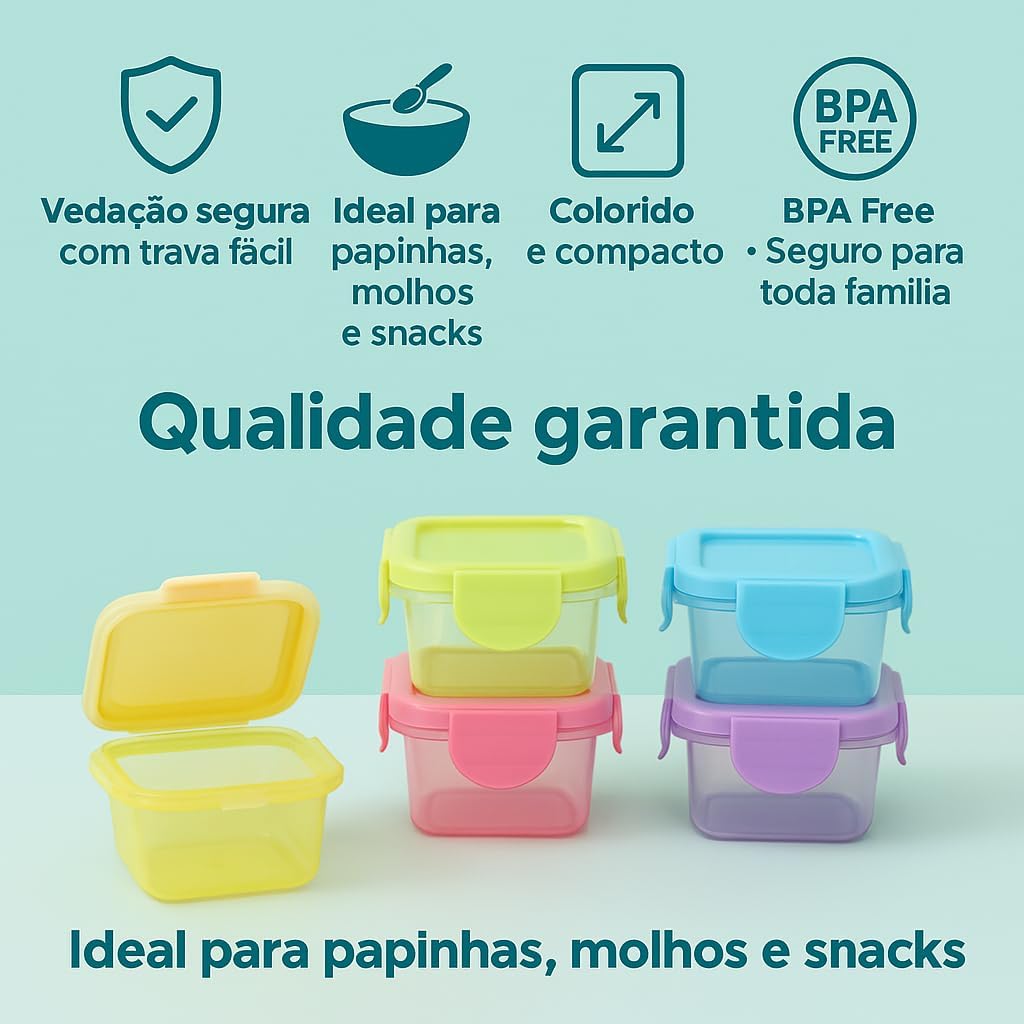 Kit 8 Mini Potes Plásticos Coloridos 126ml com Tampa Hermética e Trava Fácil – Ideais para Temperos, Lanches, Papinhas, Frutas, Molhos e Organização da Geladeira ou Lanheiras Kit 8 Mini Potes Plásticos Coloridos 126ml com Tampa Hermética e Trava Fácil – Ideais para Temperos, Lanches, Papinhas, Frutas, Molhos e Organização da Geladeira ou Lanheiras