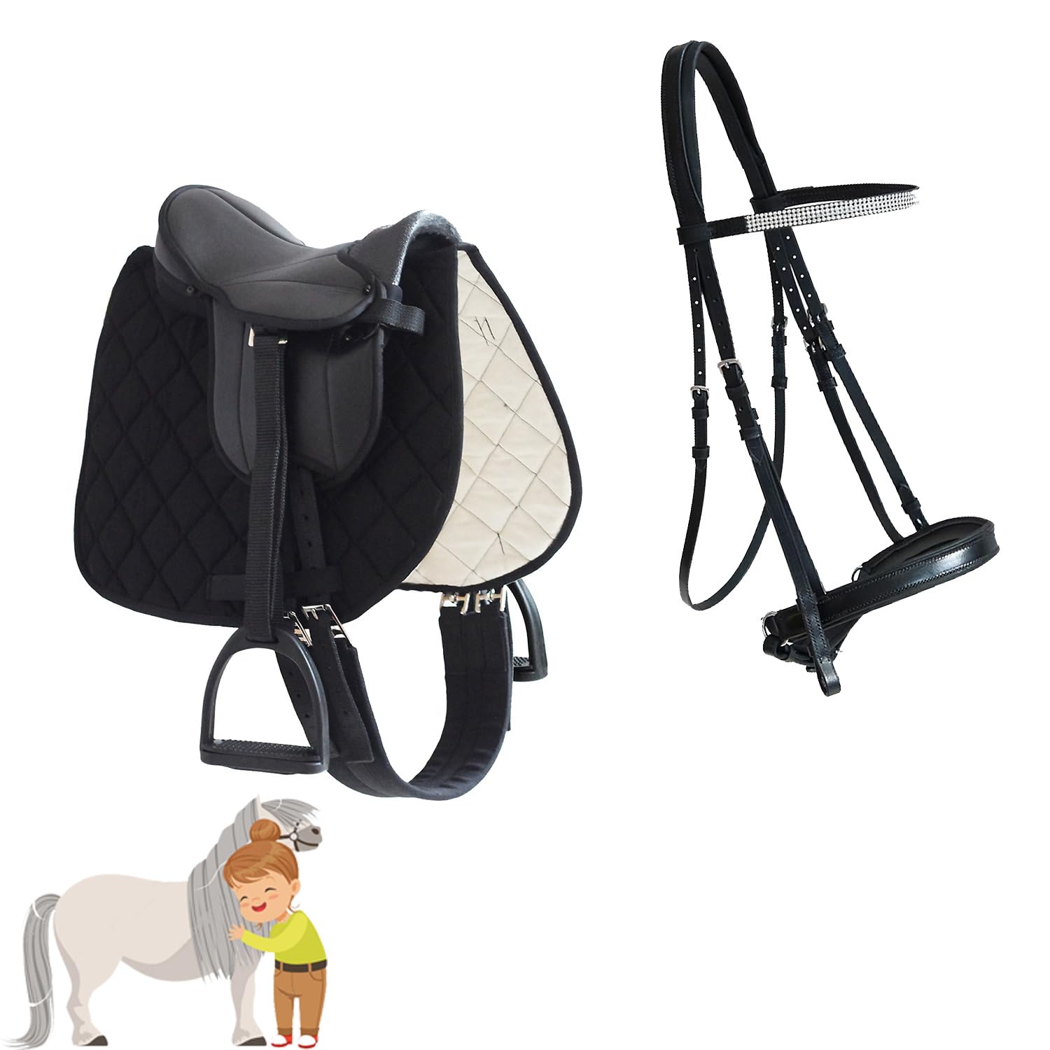 My Sweet Pony® Kinder Shetty Sattel-Set + Trense in Schwarz | für Pony Shetty und Holzpferd | Alles enthalten | kompletter Sattel + Trense | Ideal für erste Reitversuche | Sattel DIN geprüft
