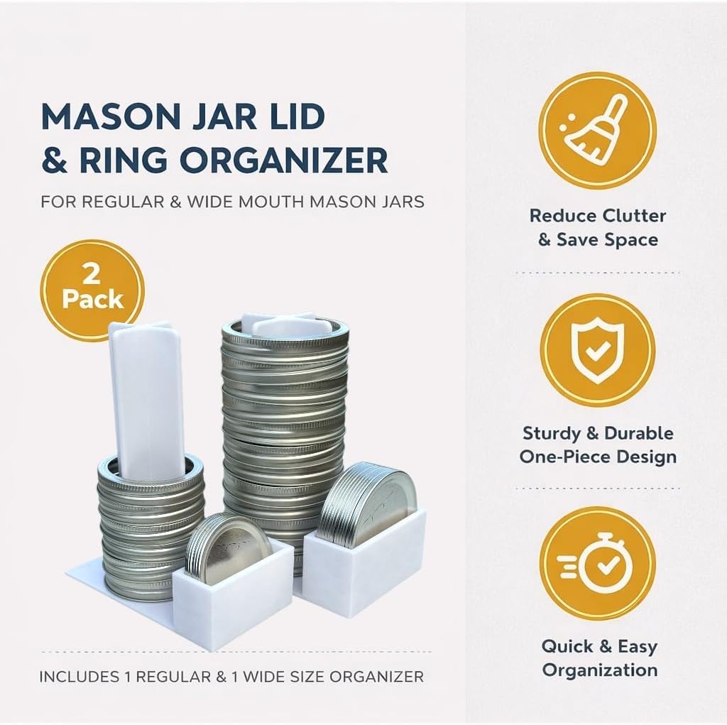 Mason Jar Lid Organizer & Ring Holder (2 Pack) | Vertical Storage Rack for Regular & Wide Mouth Canning Lids | Space-Saving Kitchen Cabinet Organizer | Holds 20 Lids & 20 Rings