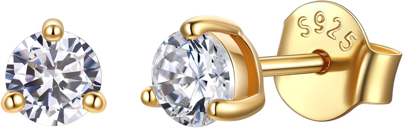 JustBeingCute 3-Prong Sterling Silver Earrings, Round CZ Colorful Stone Flat Back Studs Hypoallergenic Earrings for Women, Valentine's Day Engagement Jewelry Gifts—4/5/6/6.5/7.5/8mm