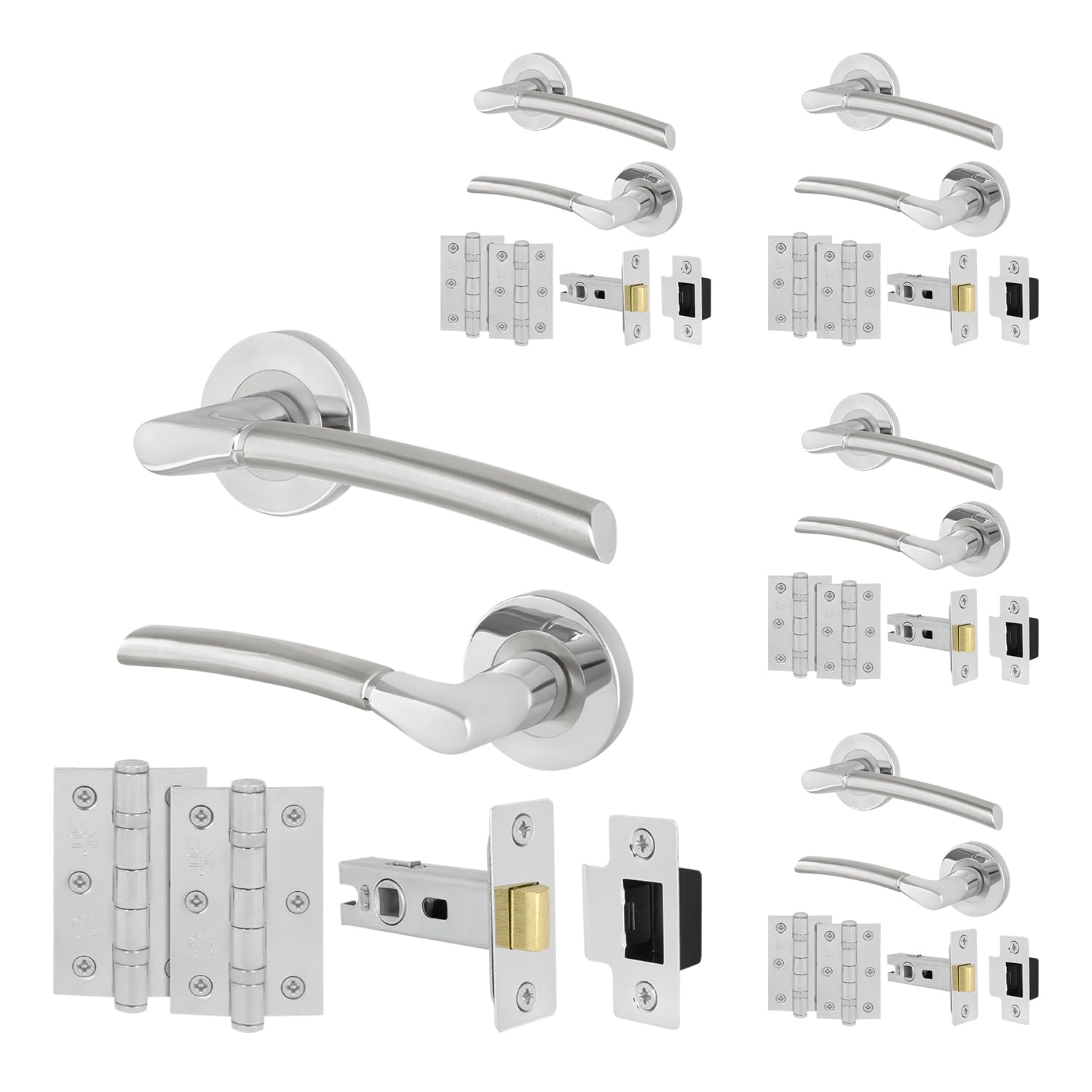 EAI Chrome Door Handle Latch Set, 5 Pairs Internal Round Rose Polished Chrome and Satin Nickel Handles, Latches 64mm Hinges 76mm โ image 1