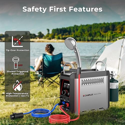 Miniatura 6 de CAMPLUX Calentador de agua portátil Nano 3 Pro de propano de 1 libra, calentador de agua de campamento de mesa y bomba de ducha con batería