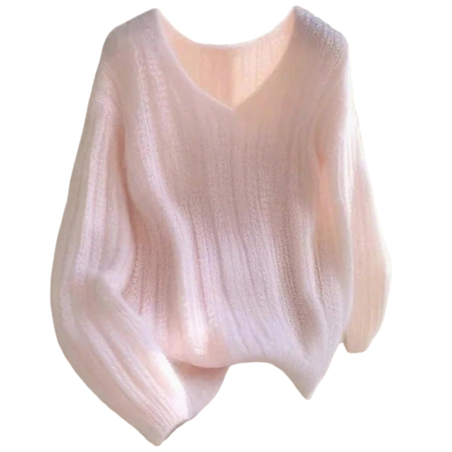 Womens Cute Pink Long Sleeve Pullover Sweaters 2025 Casual Loose V Neck Jumpers Basic Plain Ribbed Knit Tops