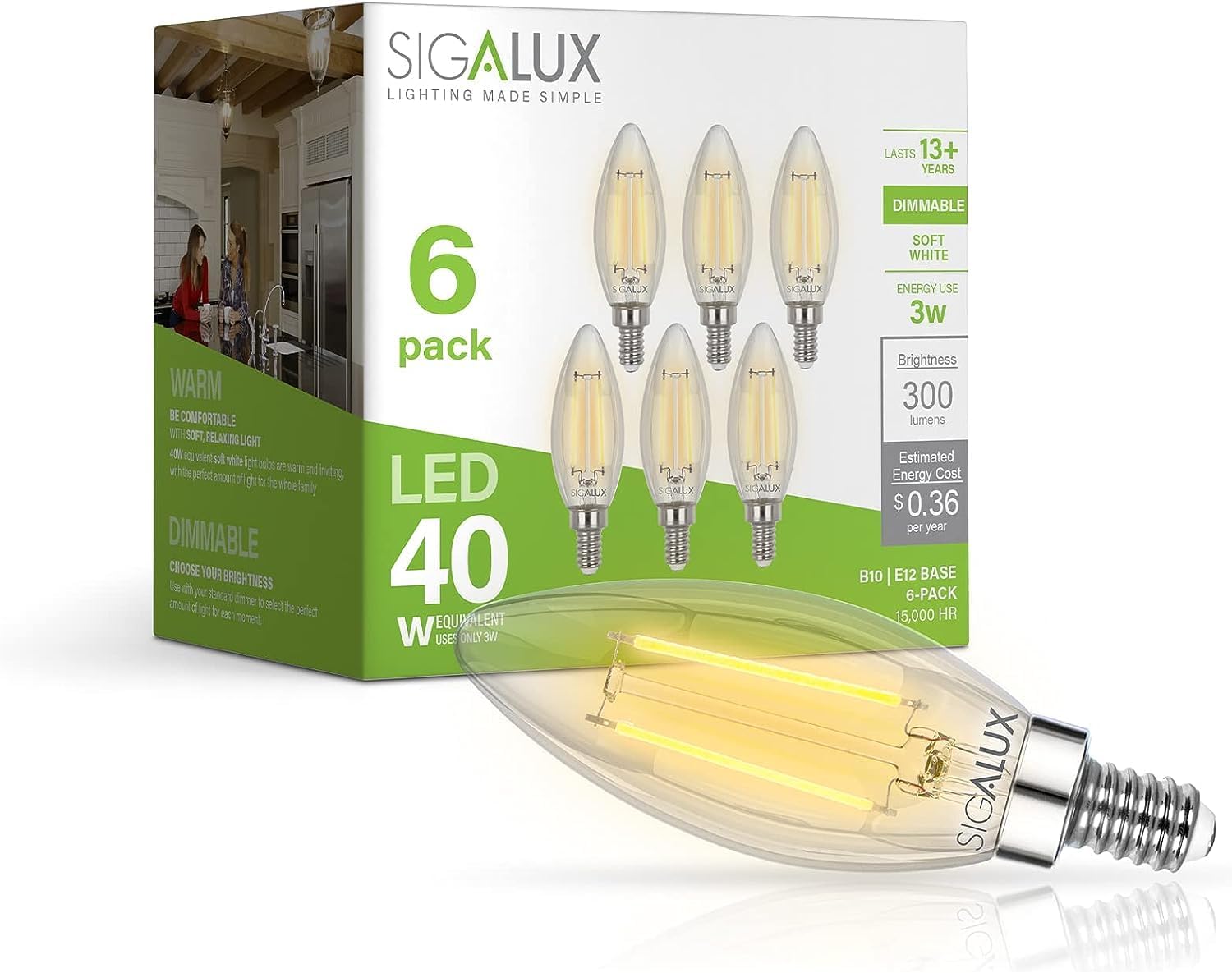 Sigalux Chandelier Light Bulbs Dimmable, 40 Watt Candelabra LED Light