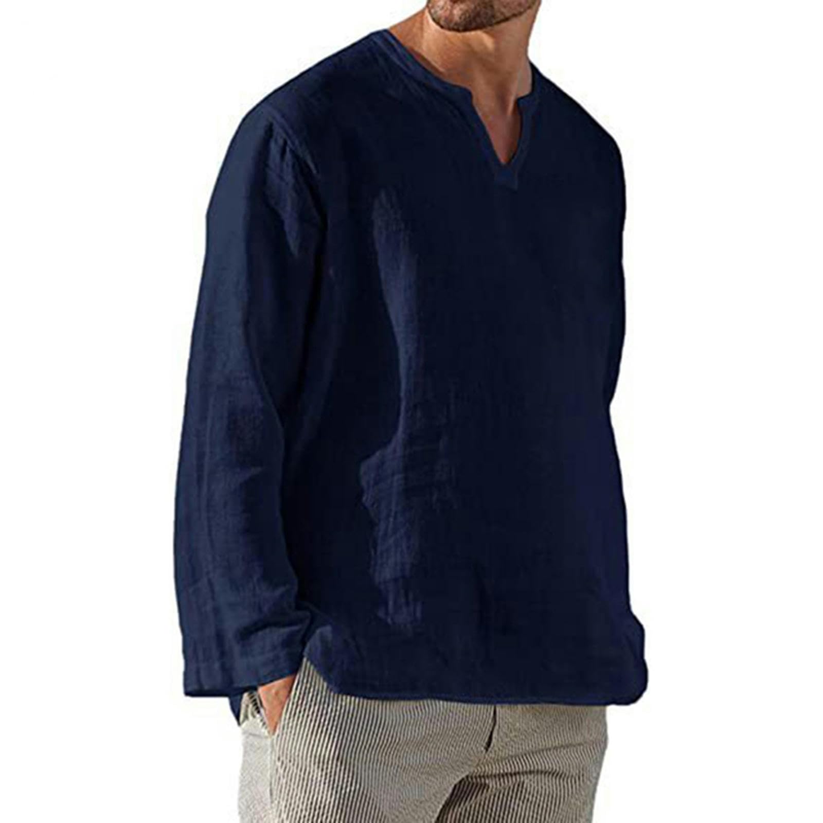Uomo Maglia a Maniche Lunghe in Cotone Camicia di Lino Uomini Breve Traspirante Comodo Colore Solido Manica Lunga Camicetta Casuale-Marina-4Xl