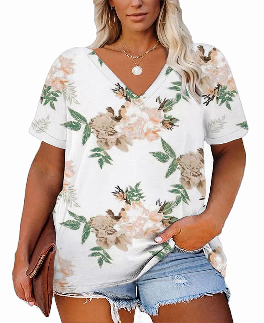 Allaruna Plus-Size Tops for Women Short Sleeve T Shirts V Neck Tunic Tops XL-5XL