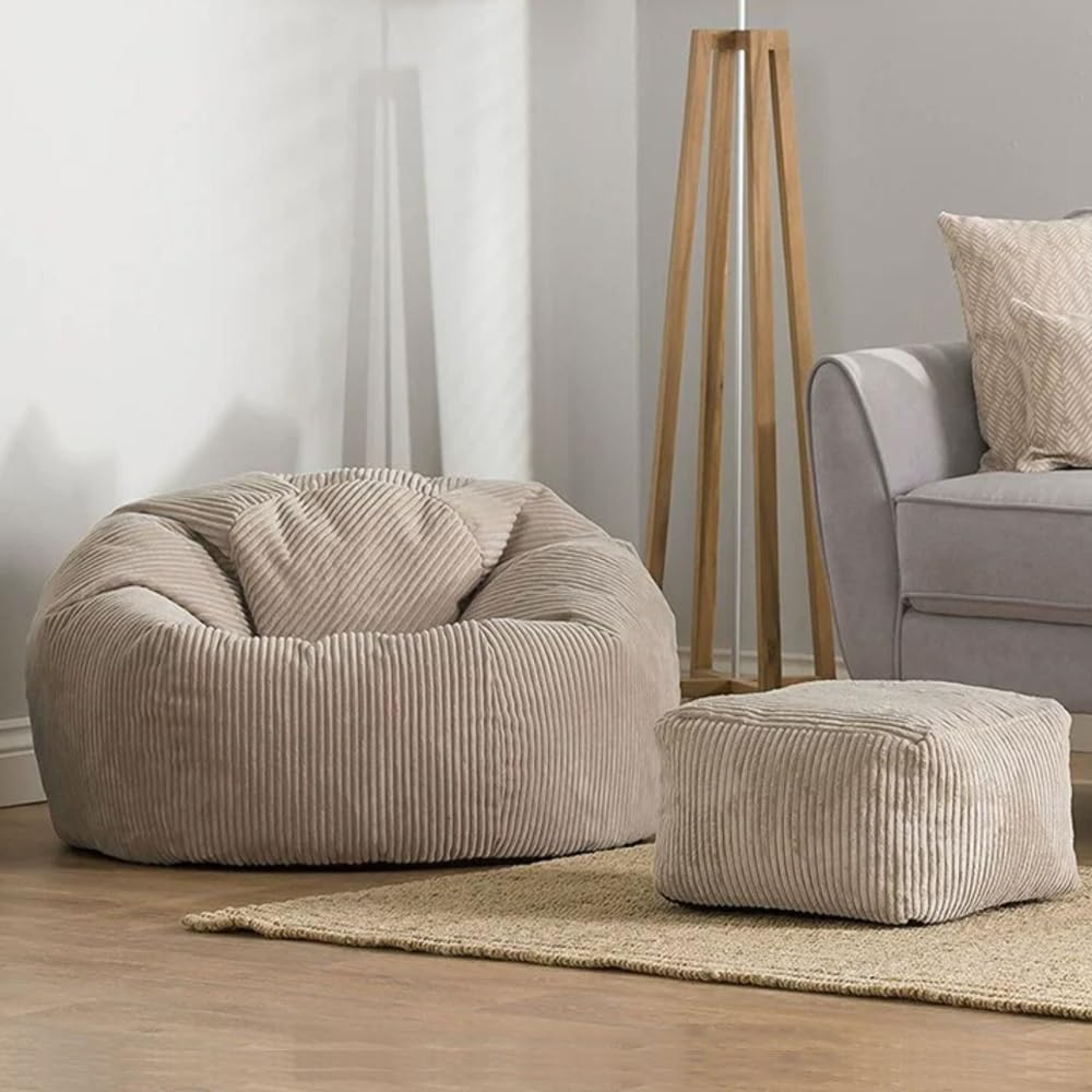 SXBCyan Sitzsack-Bezug Dicker Cord (Ohne Füllung), 1-sitziger Sitzsack-Stuhl, Weicher Pouf, Ottomane, Kinder-Erwachsene-Sitzsack-Stuhl, Fauler Sessel, Couch, Bodenbestuhlung(Beige White,2 in 1 Cover)