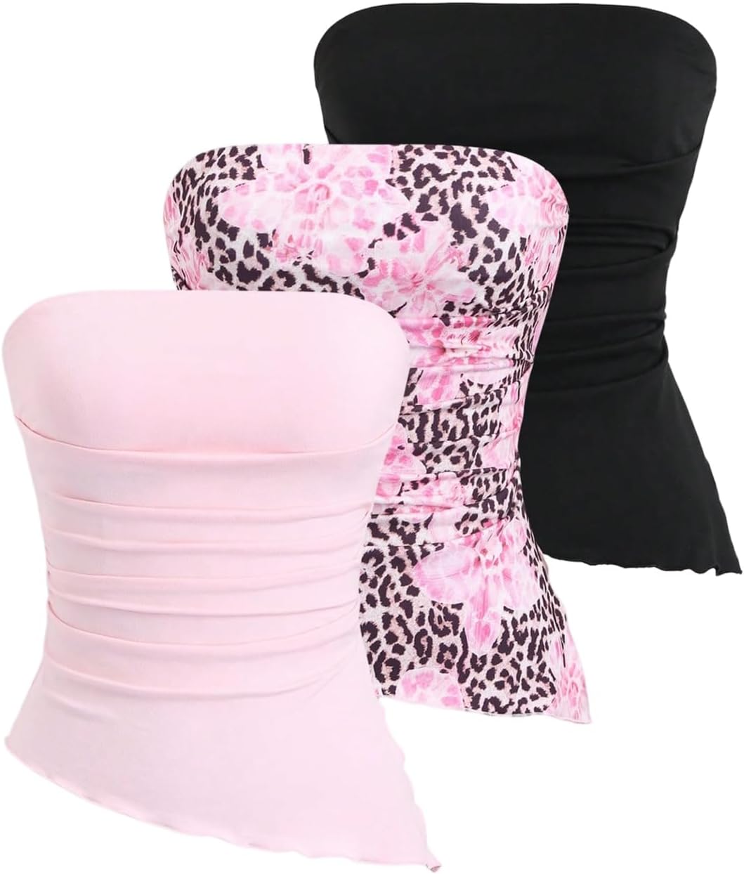 WDIRARA Women's 3 Pack Leopard Print Ruched Strapless Tube Top Asymmetrical Lettuce Trim Bandeau Tops